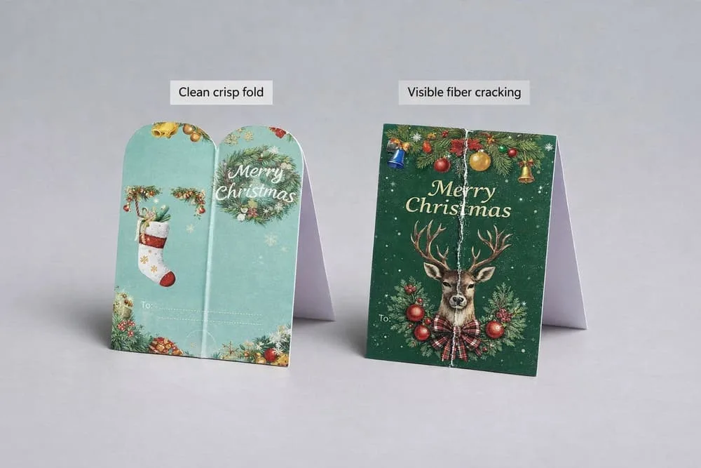 A clear visual comparison of two folded cards: one with a clean, crisp fold and another showing visible fiber cracking along the crease.