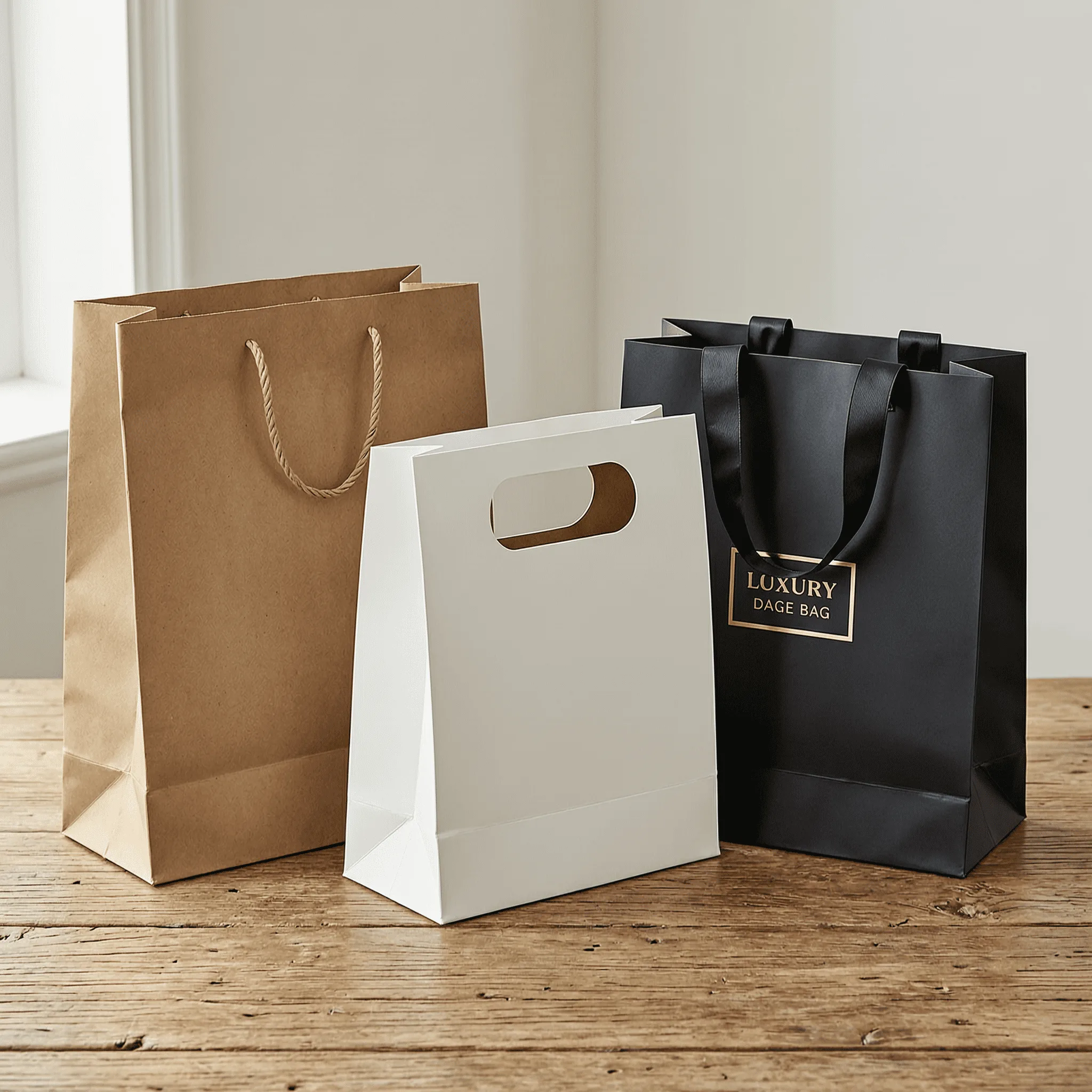 An arranged photo showcasing different types of paper bags side-by-side: a brown kraft bag, a sleek white bag with a die-cut handle, and a luxury black bag with ribbon handles.