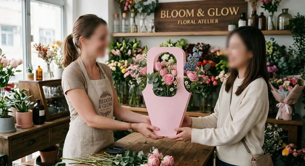 A professional florist handing a customer a beautiful bouquet in a sturdy, custom-branded paper bag that stands upright.