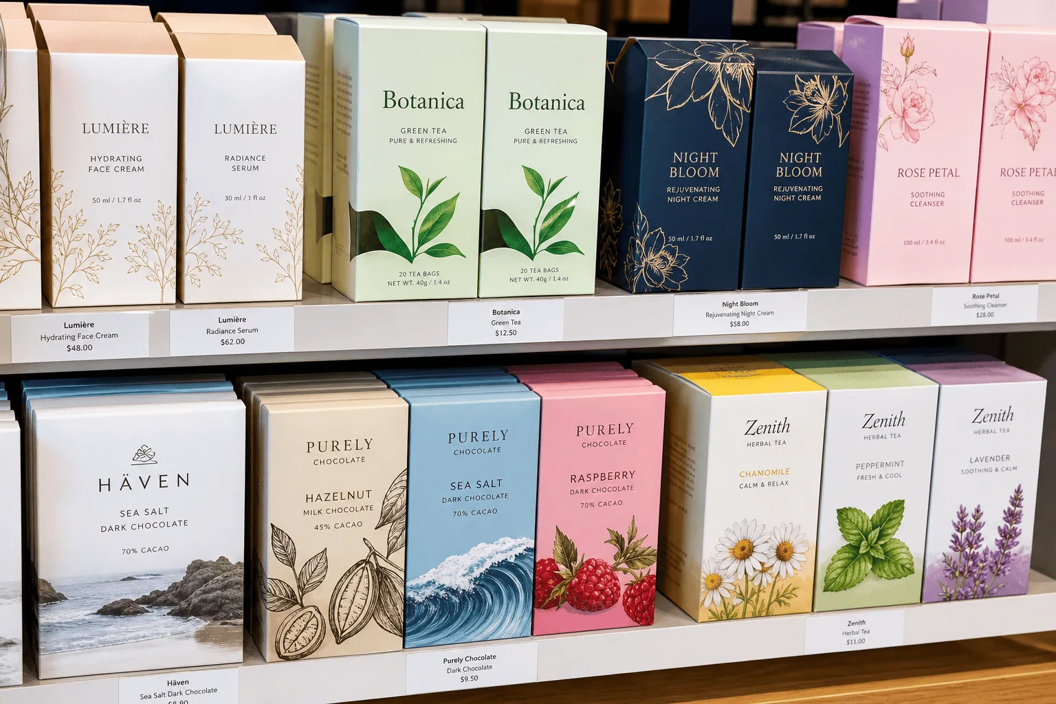 alt: A shelf in a retail store displaying various products in colorful, custom-printed folding cartons.