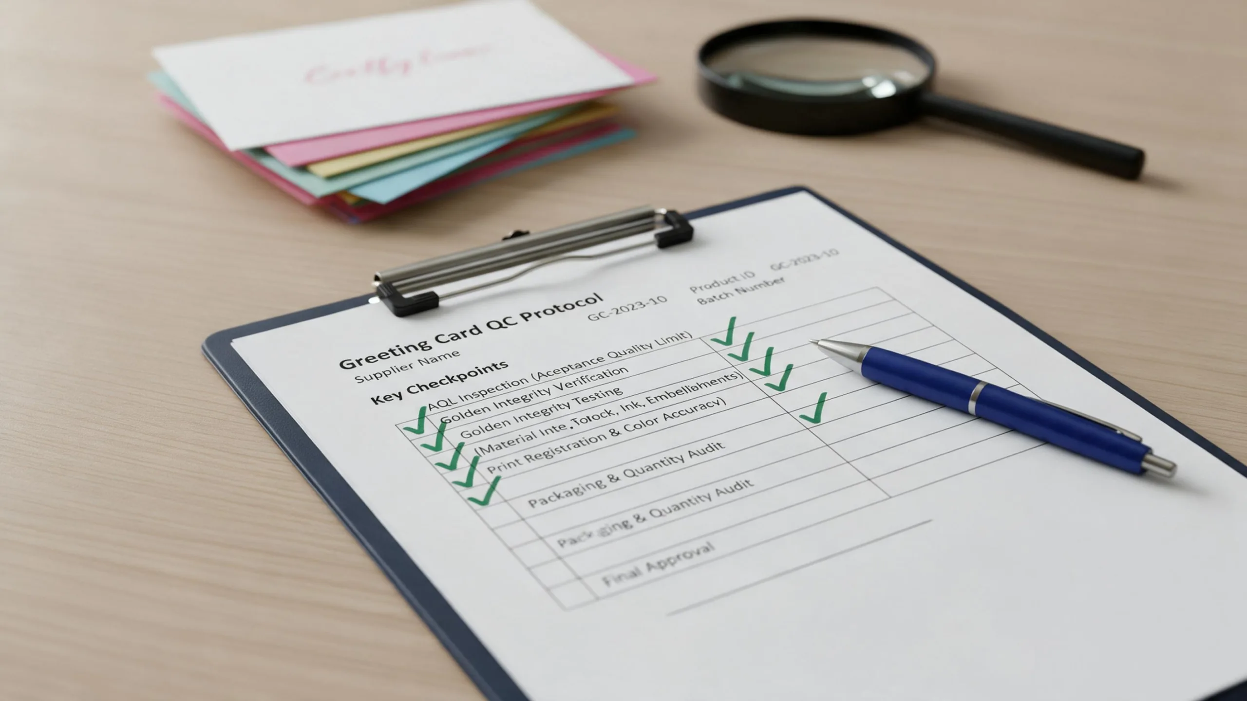 A visual of a QC checklist for a greeting card supplier, with key checkpoints like AQL inspection, Golden Sample verification, and material testing ticked off.