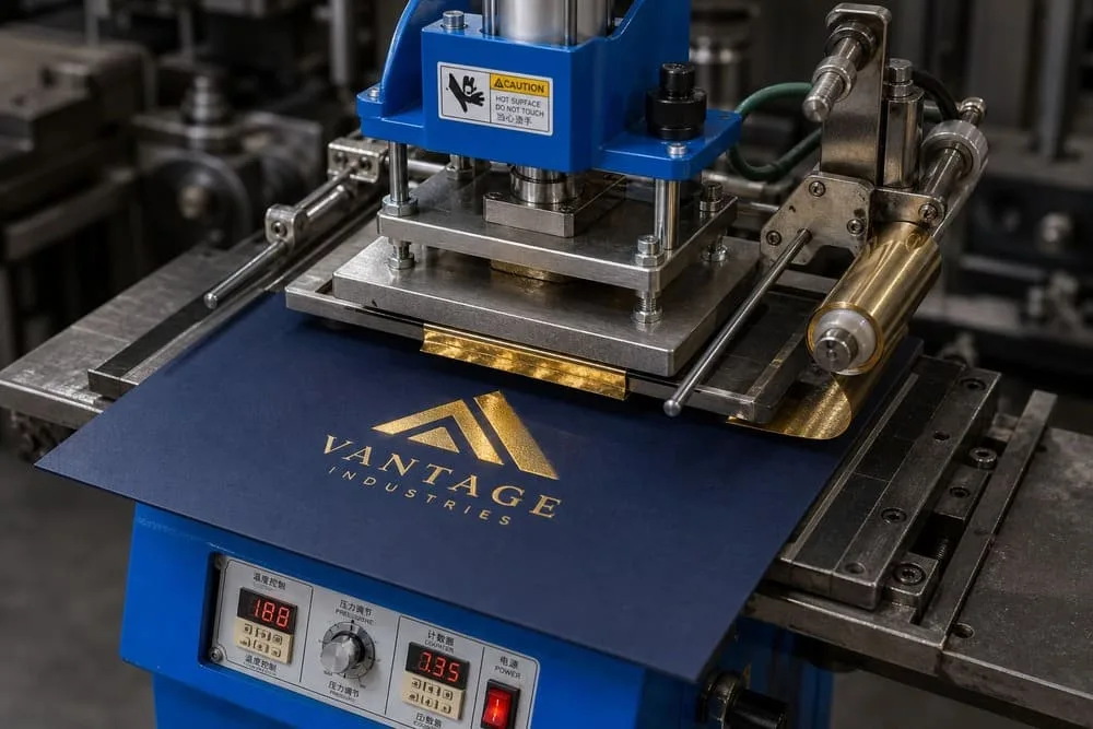 A macro photograph showing a hot stamping die pressing a gold foil design onto a 120gsm sheet of paper, with no tearing or cracking, demonstrating precision.