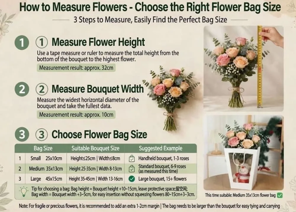 A photo showing a person measuring a bouquet with a ruler to determine the required W x G x H for a paper bag.