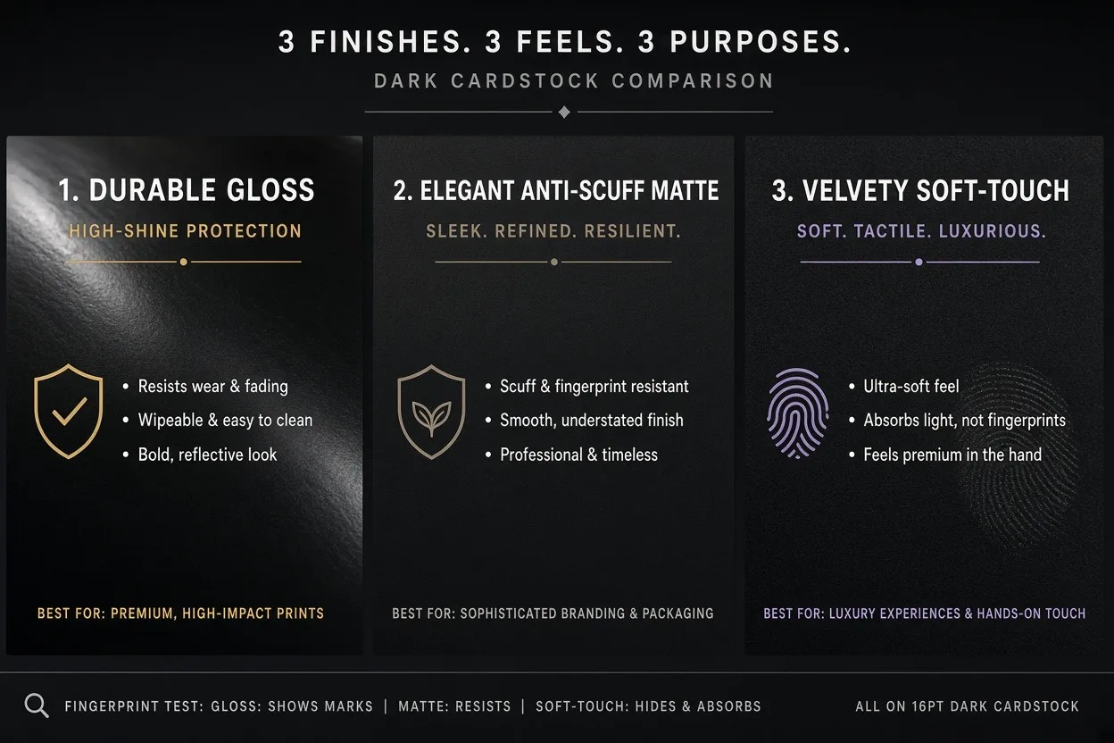 A close-up shot comparing three finishes on dark cardstock: a durable gloss, an elegant anti-scuff matte, and a velvety soft-touch with a fingerprint test.
