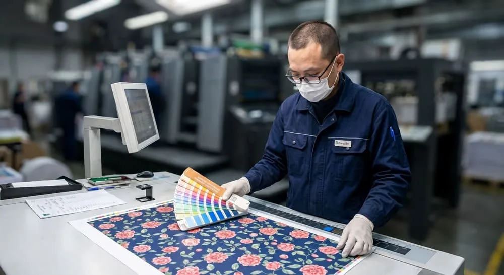 A quality control inspector in a factory examining a large roll of printed wrapping paper for color consistency.