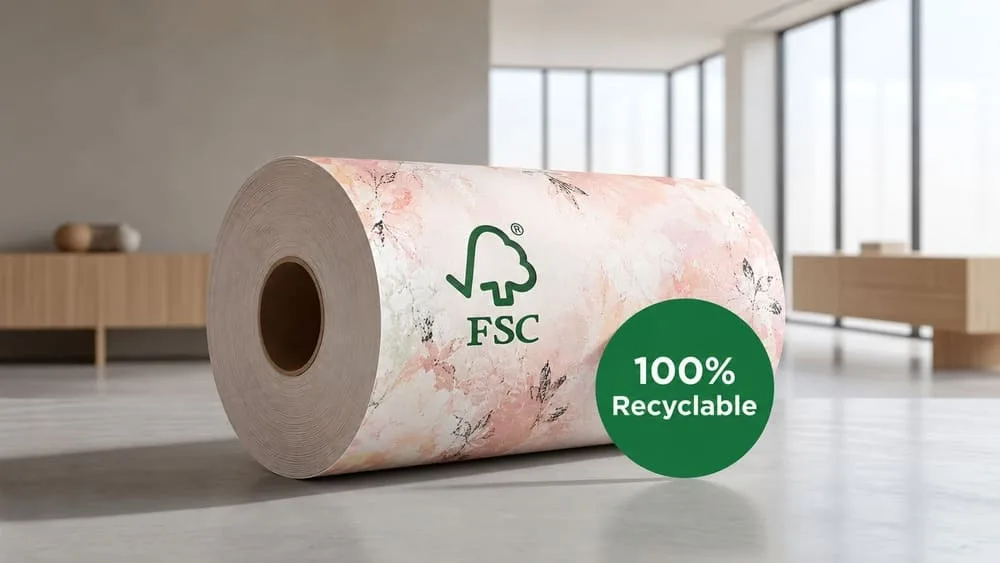 An image showing the FSC logo, a roll of beautiful 120gsm wrapping paper, and a