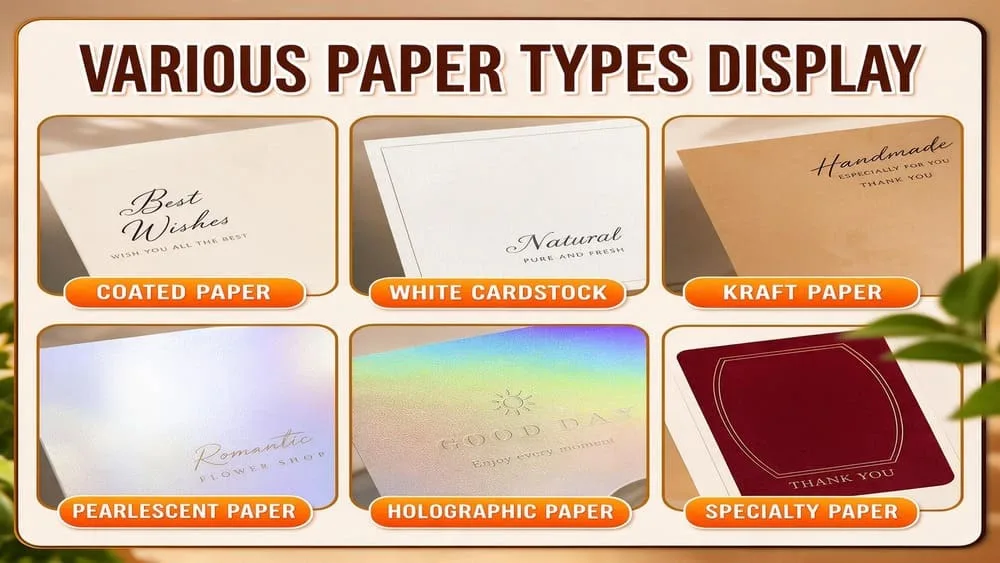 An elegant flat lay of premium greeting card cardstock samples, showing different textures, weights (300gsm vs 350gsm), and a pen for a writability test.