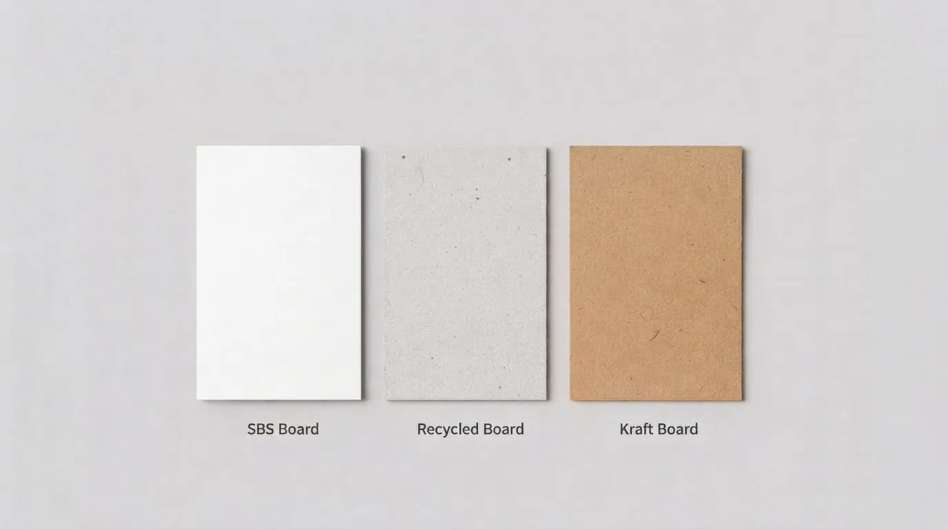A side-by-side comparison of different cardstock types: a bright white SBS board, a slightly speckled recycled board, and a natural brown kraft board.