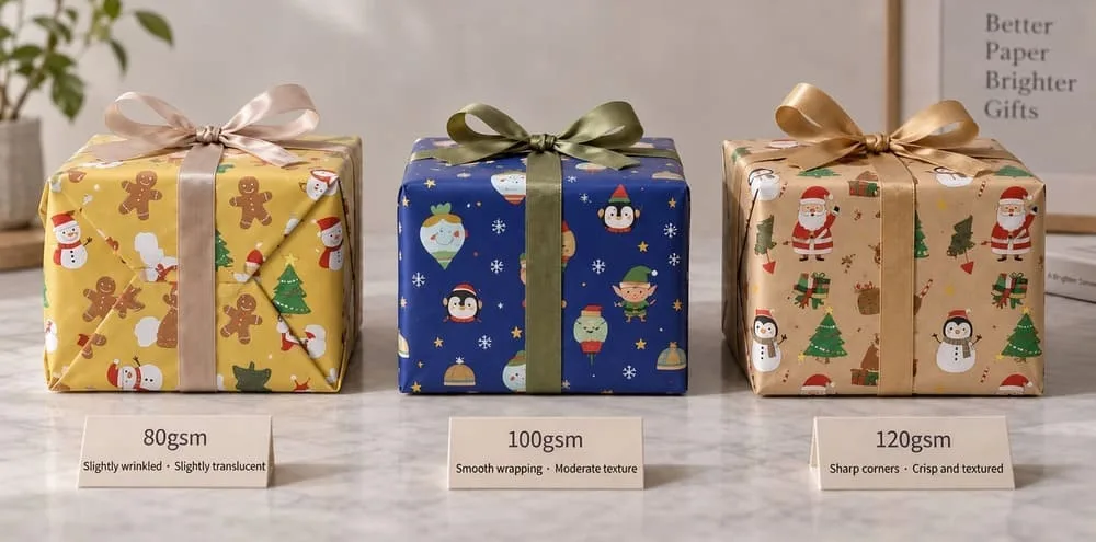 A side-by-side comparison of three wrapped gifts using 80gsm, 100gsm, and 120gsm paper, showing the clear difference in fold crispness, opacity, and overall premium appearance.