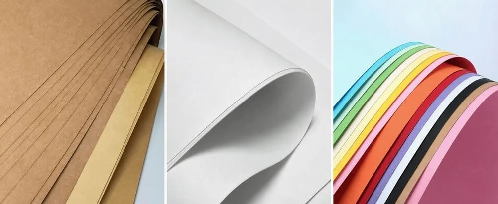 A close-up image showing the textures of kraft paper, coated art paper, and a matte laminated paper bag.