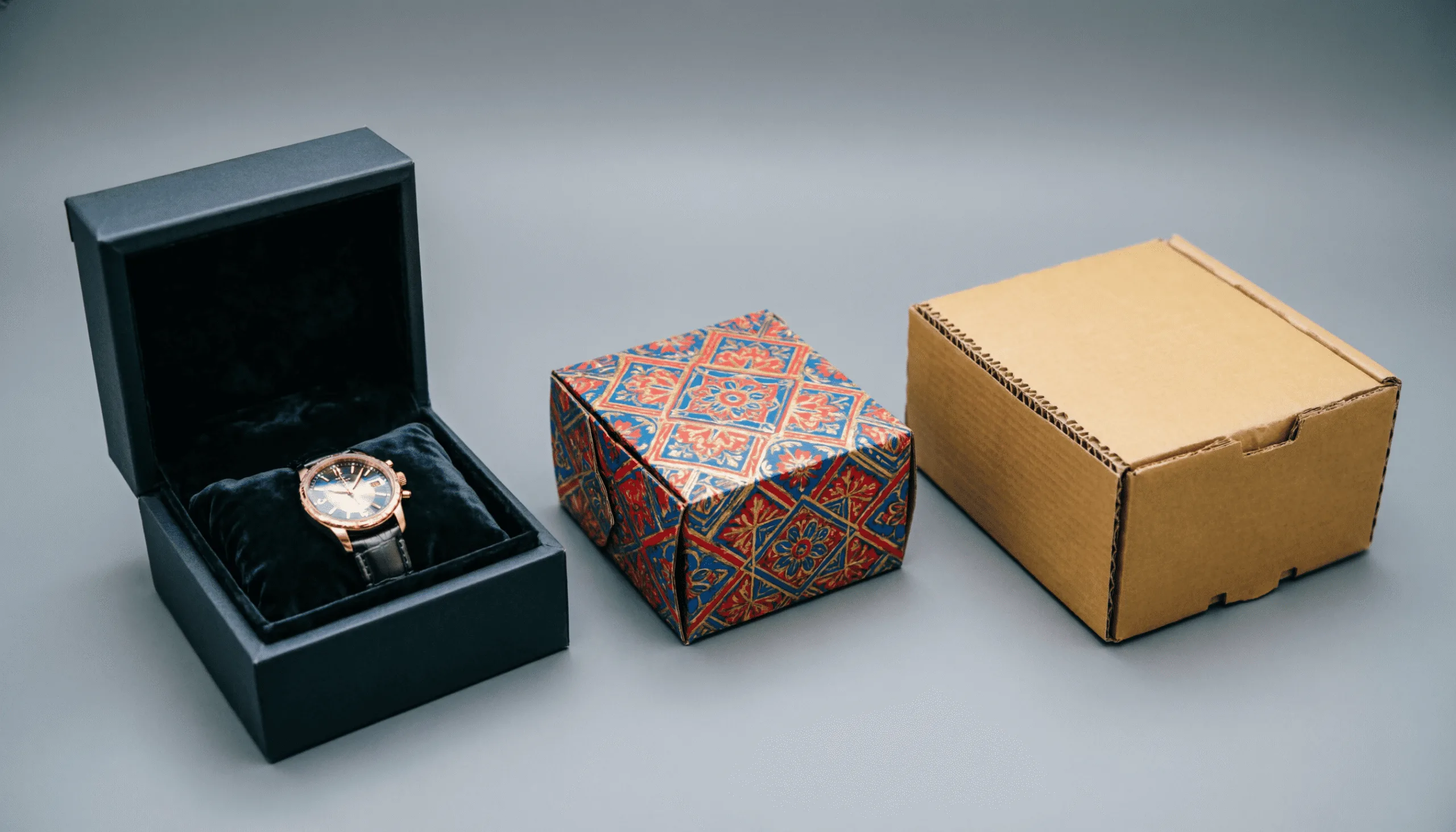 alt: A visually organized display of different types of custom paper boxes, including rigid, folding, and corrugated styles.