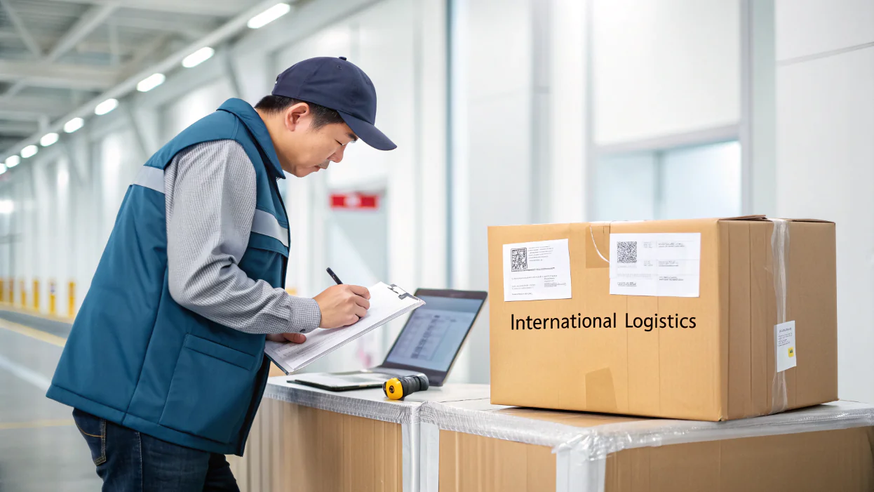 A package with international shipping labels on a conveyor belt