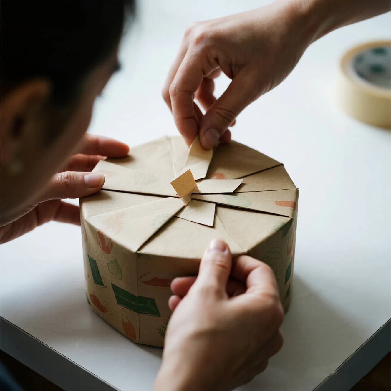 A close-up of the pleated fan fold on the end of a cylindrical gift