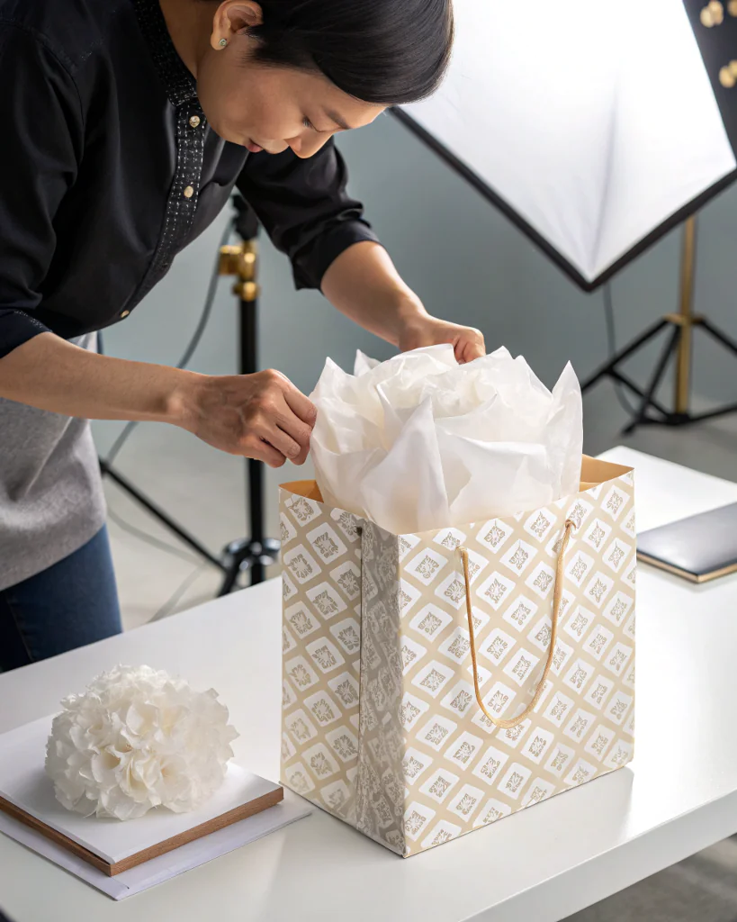Step-by-step visuals of the tissue paper puff method