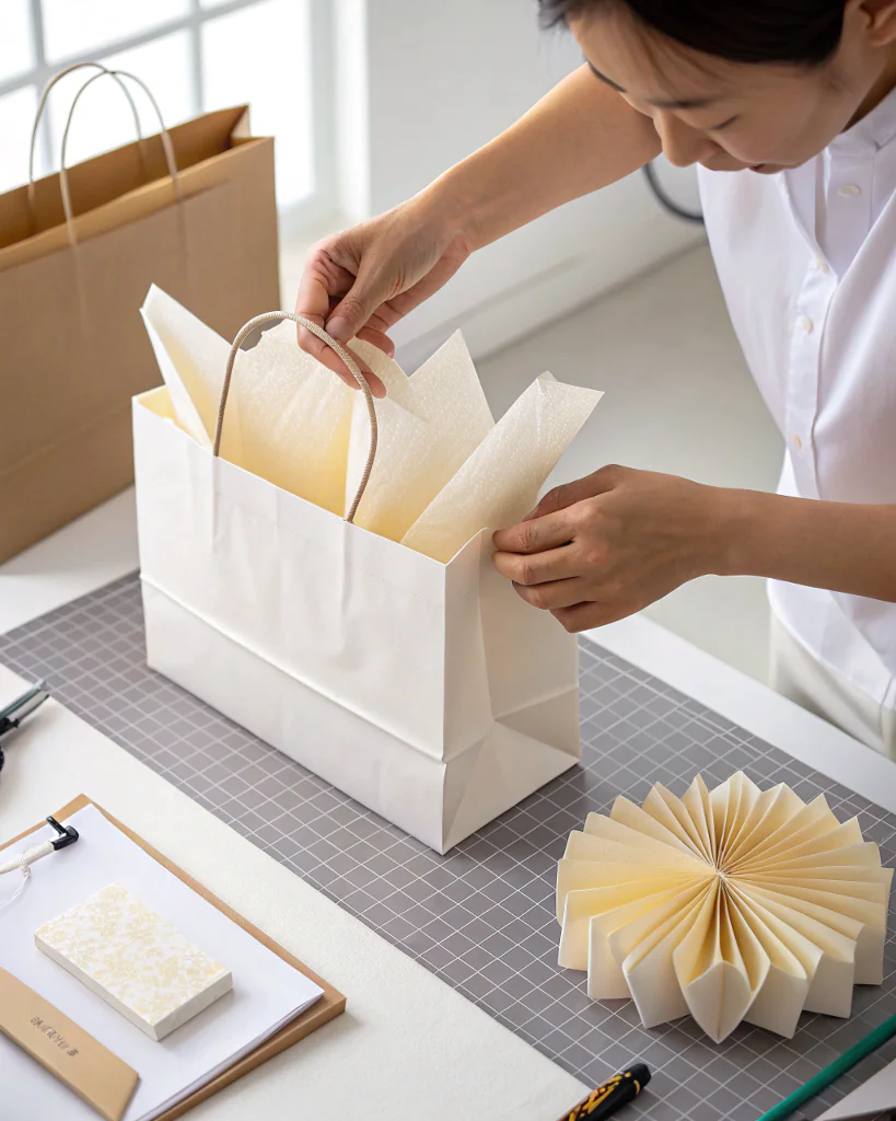 A gift bag with neatly folded tissue paper creating a tidy, flat layer over the gift
