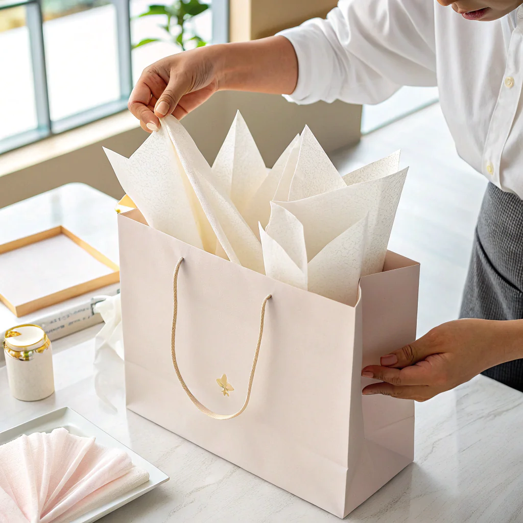A beautifully arranged gift bag with tissue paper puffs coming out of the top